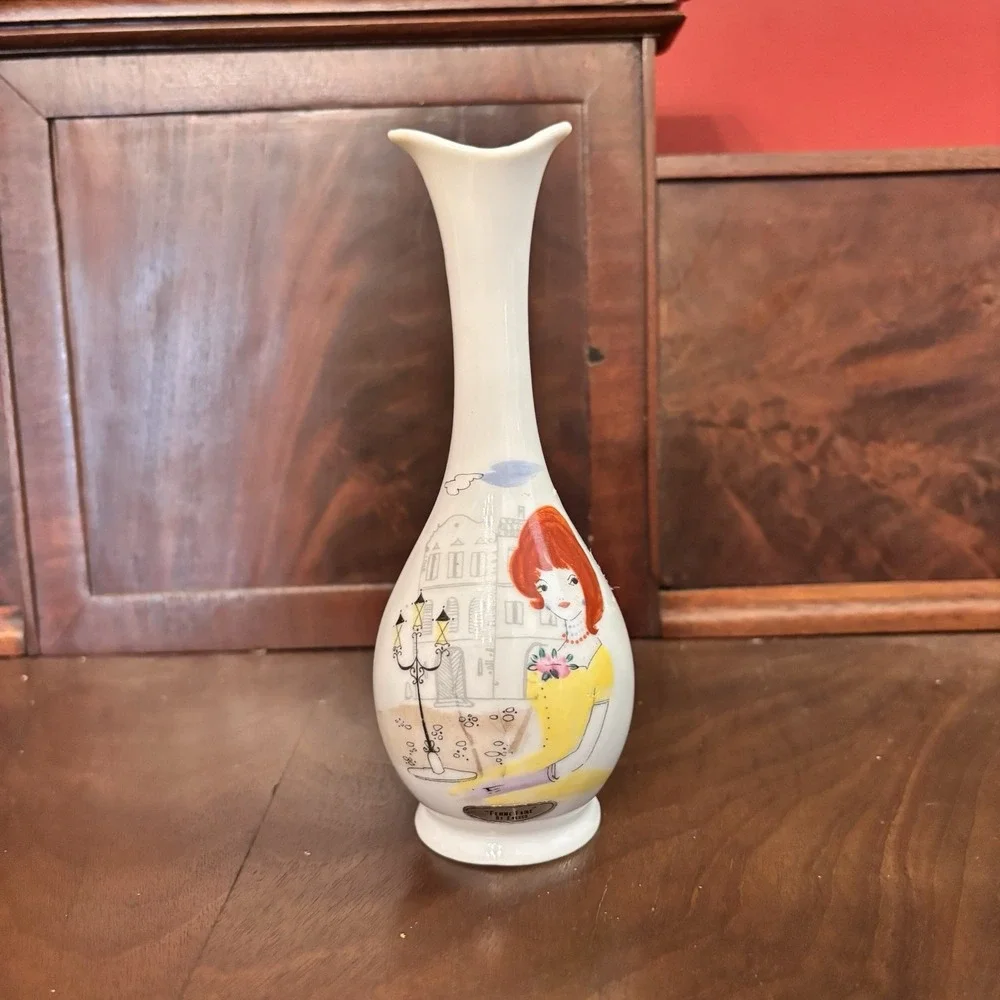 Vintage Enesco Femme Faire Hand Painted‎ Girl Vases Pair Mid Century 6